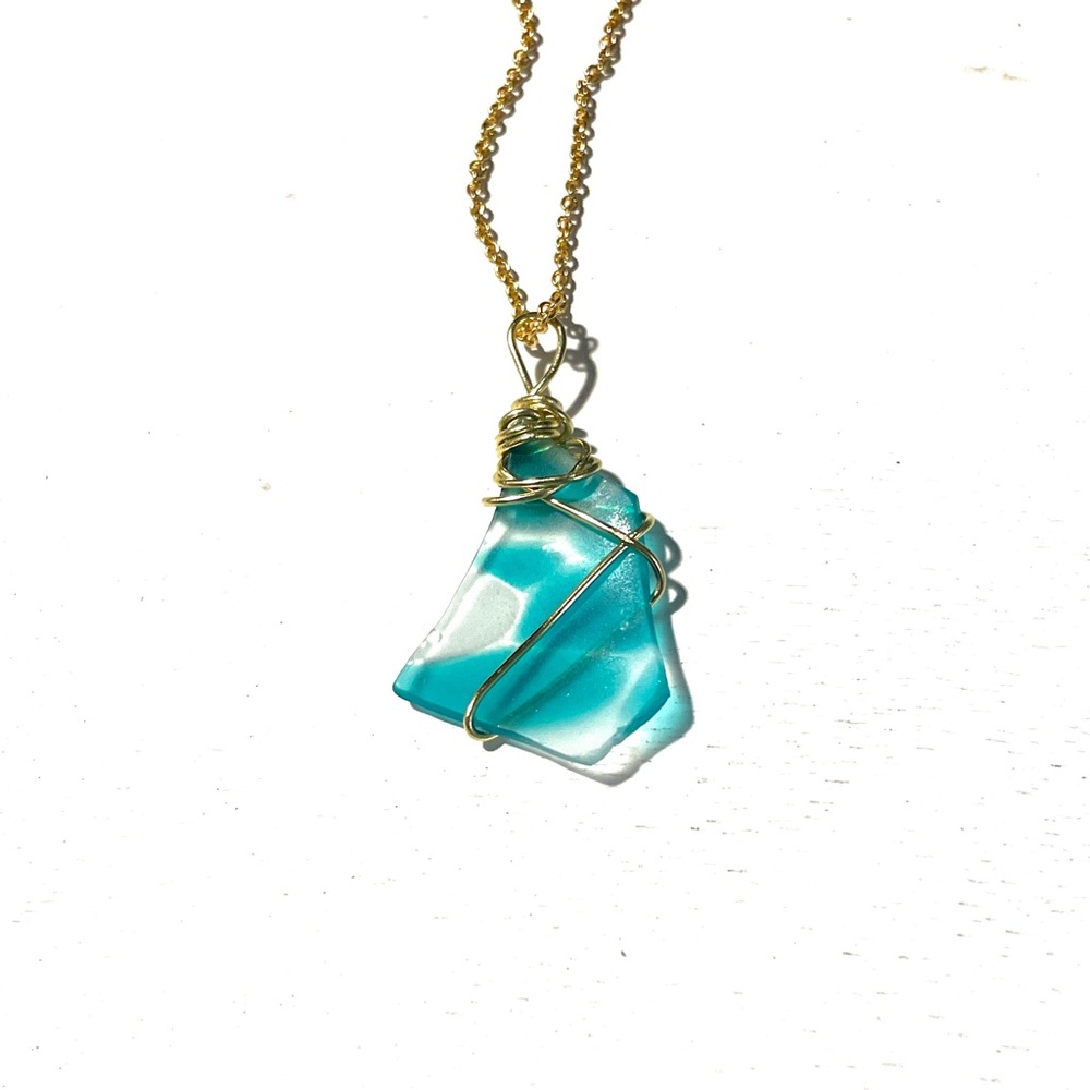 Hand Crafted 18k Gold Plated and Blue Wire-Wrapped Sea Glass Necklace